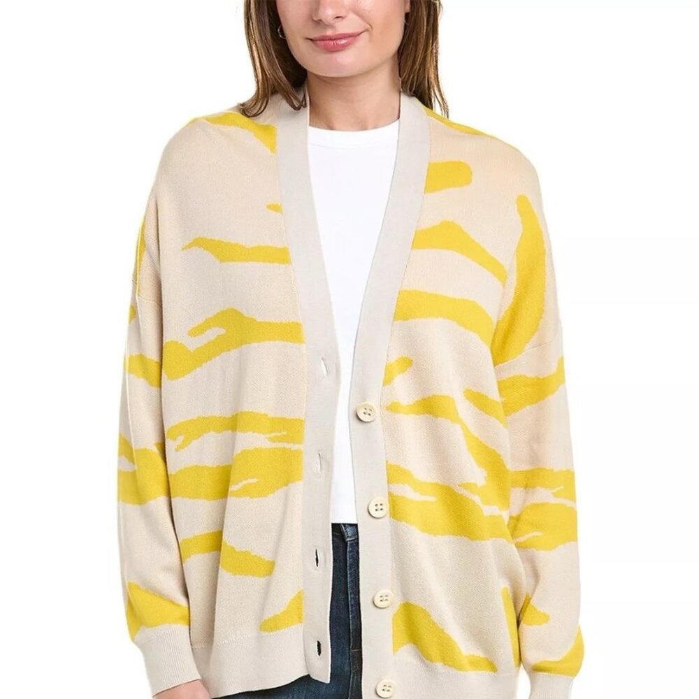 Cabi Roar Cardigan Sweater Women Tiger Stripe XXS Oversized Yellow Button V Neck